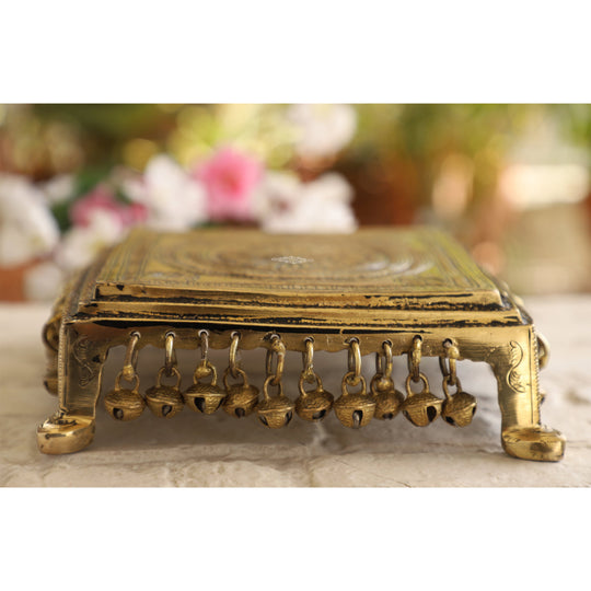 Pure Brass Chowki with Antique Dark Deep Chakra Embossed Design, Size- 2x19.05 cm