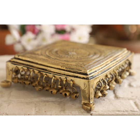 Pure brass antique Chakra design Chowki angle view — Indian Art Villa