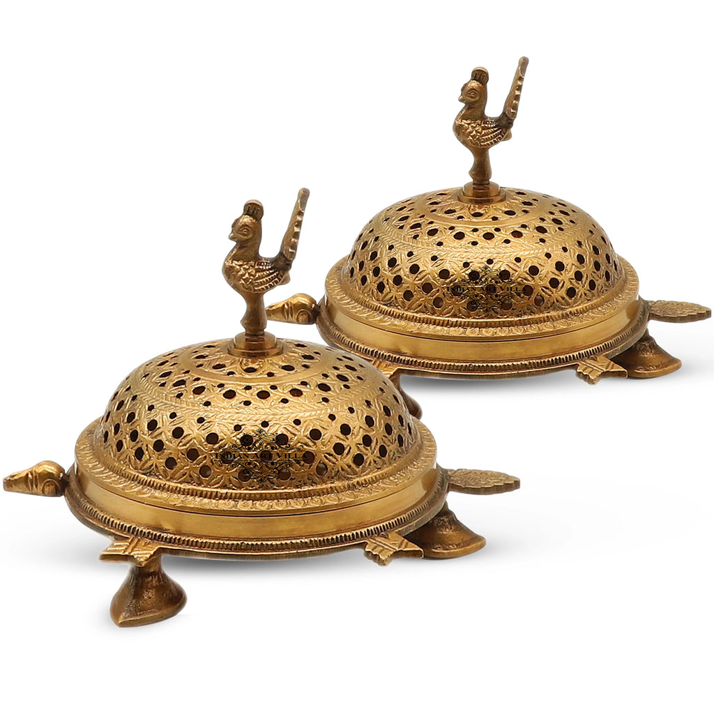 Indian Art Villa Pure Brass Antique Dark Incense Holder / Dhoop Dani in Tortoise Design, Size- 7.6 X 2.8 Inches