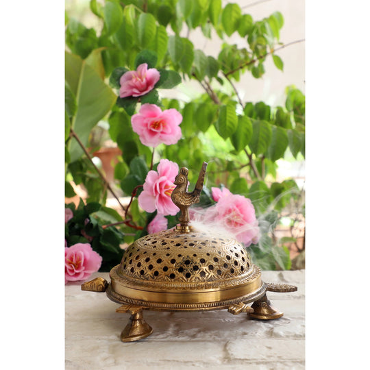 Brass tortoise design incense holder side view — Indian Art Villa