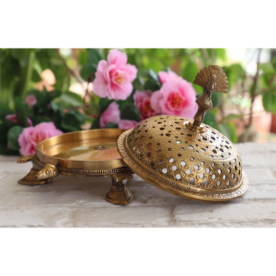 Brass tortoise design incense holder angle view — Indian Art Villa