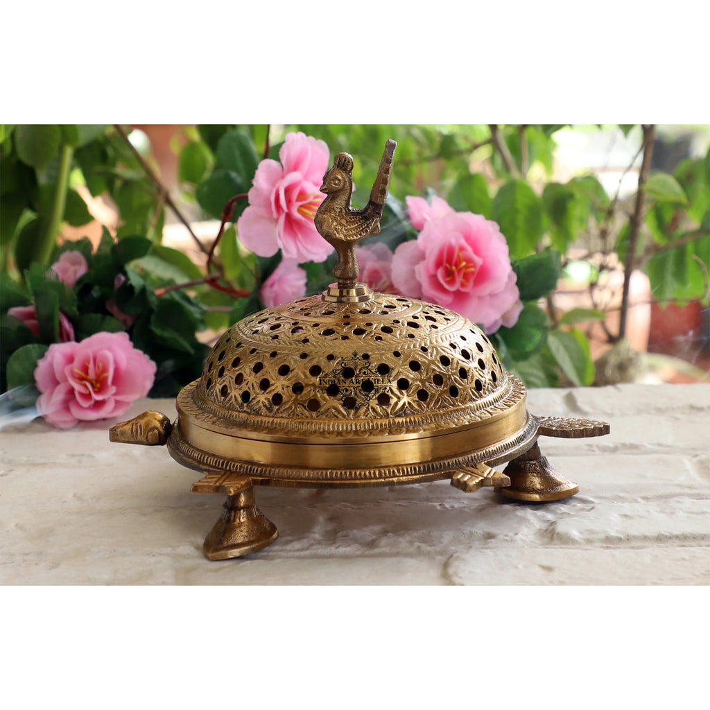 Indian Art Villa Pure Brass Antique Dark Incense Holder / Dhoop Dani in Tortoise Design, Size- 7.6 X 2.8 Inches
