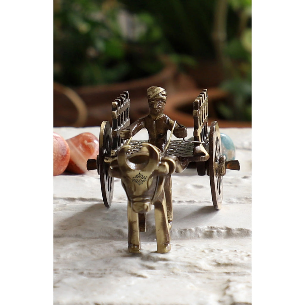 Indian Art Villa Brass Handcrafted Open Bull Cart Showpiece Figurine, Home Hotel Office Decorative Item, Size-4.5x11.5 cm