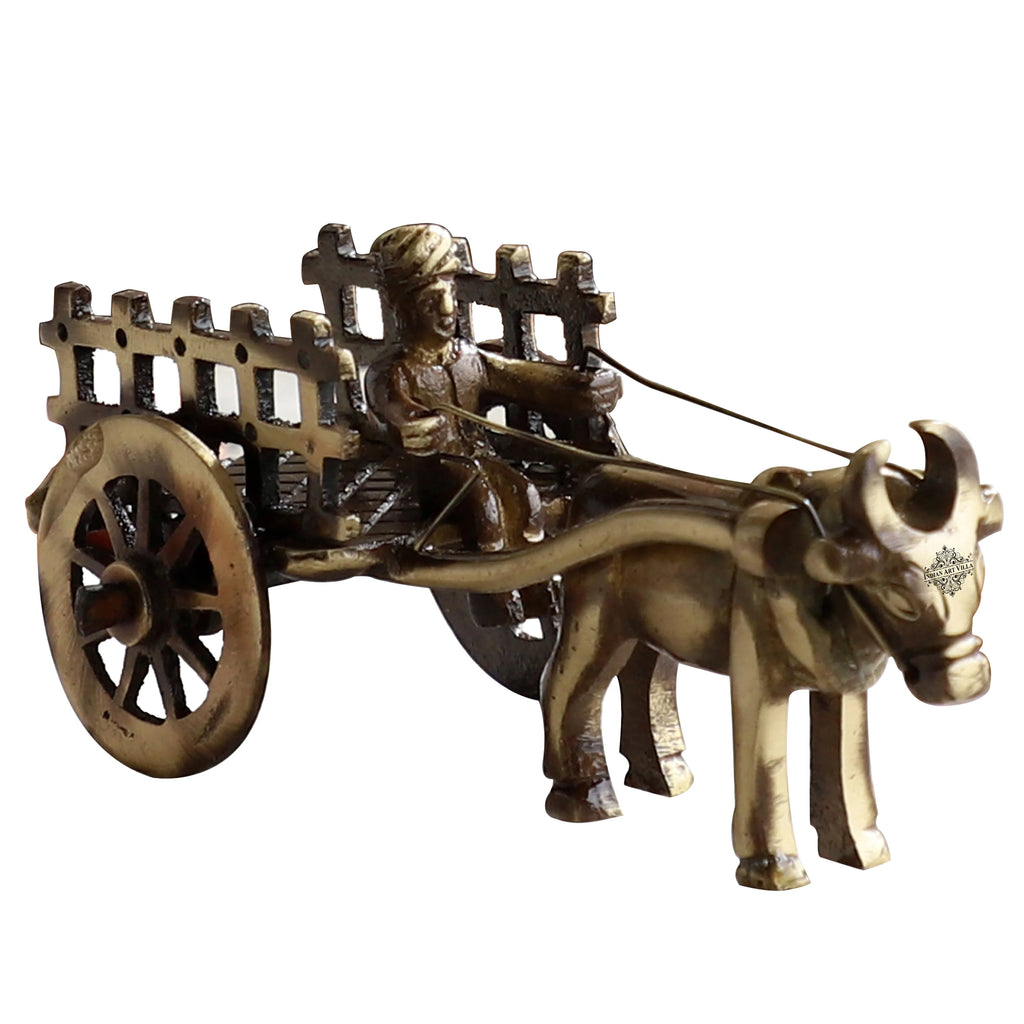 Indian Art Villa Brass Handcrafted Open Bull Cart Showpiece Figurine, Home Hotel Office Decorative Item, Size-4.5x11.5 cm