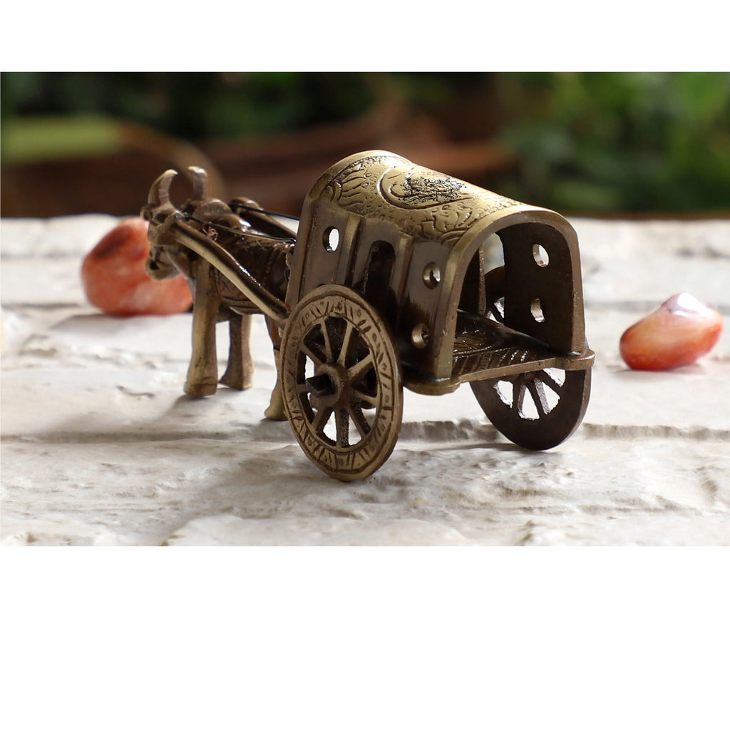 Indian Art Villa Brass Handcrafted Bull Cart Showpiece Figurine, Home Hotel Office Decorative Item, Size-5x11 cm