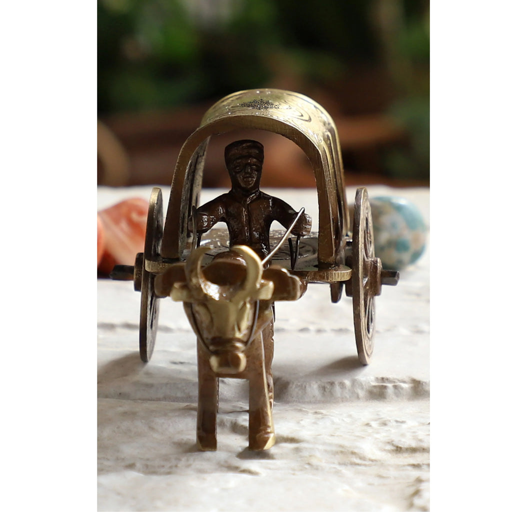 Indian Art Villa Brass Handcrafted Bull Cart Showpiece Figurine, Home Hotel Office Decorative Item, Size-5x11 cm