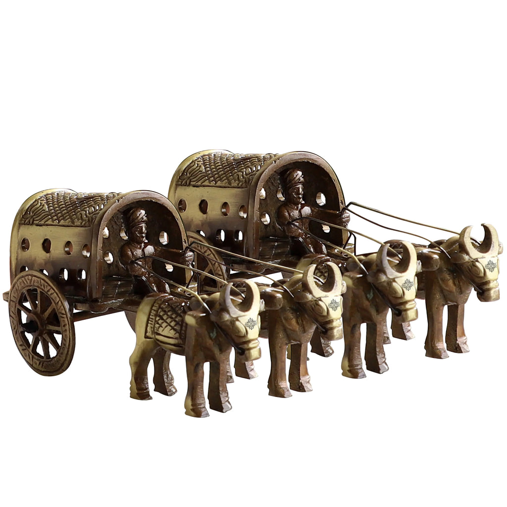 Indian Art Villa Brass Handcrafted Cart With Two Bull Showpiece Figurine, Home Hotel Office Decorative Item, Size-5.5x11.5 cm