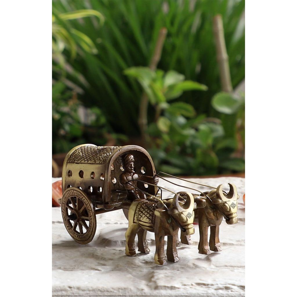 Indian Art Villa Brass Handcrafted Cart With Two Bull Showpiece Figurine, Home Hotel Office Decorative Item, Size-5.5x11.5 cm