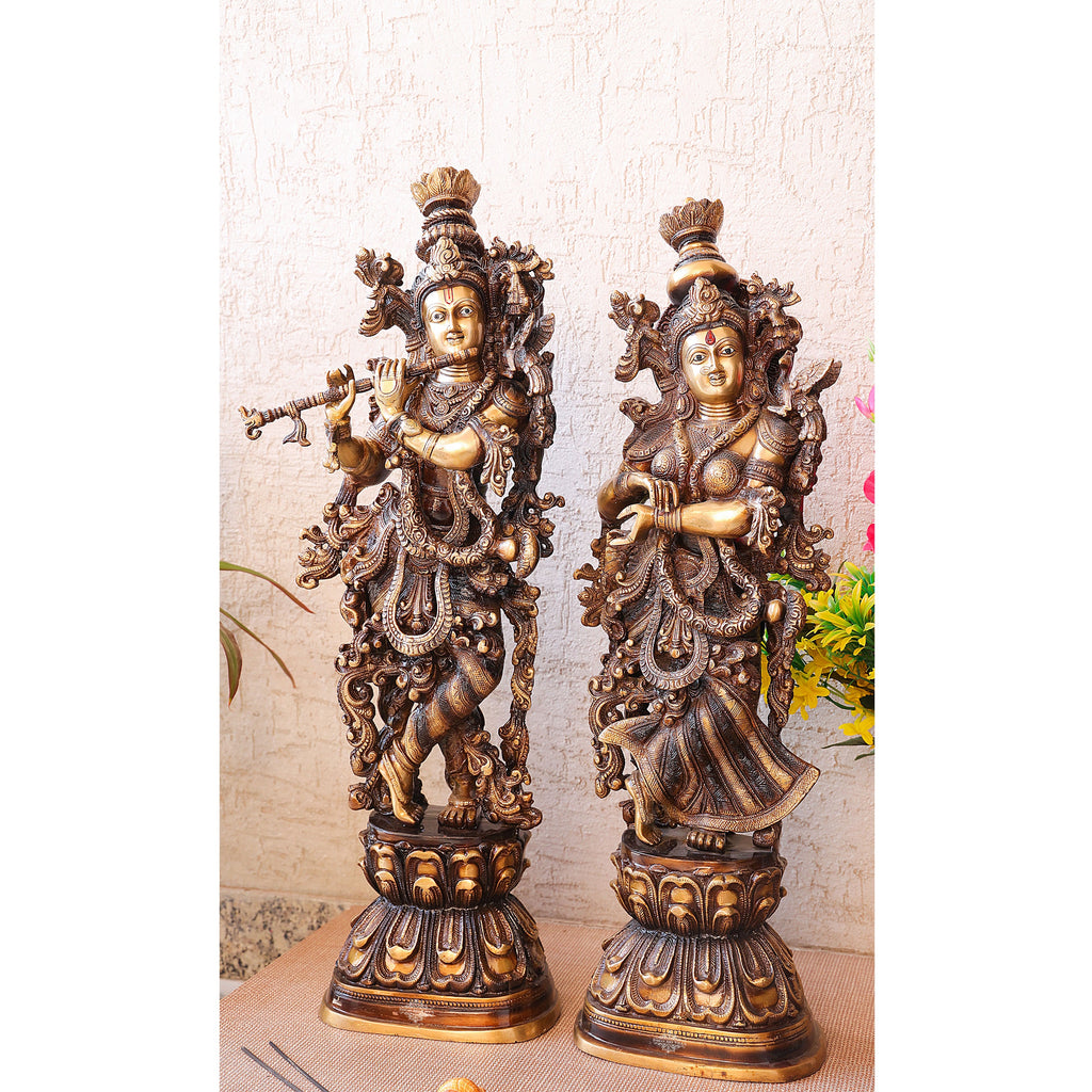Indian Art Villa's Pure Brass Standing Radha Krishna Statue Playing Flute