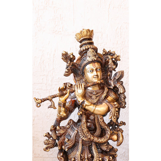 Handcrafted Pure Brass Standing Radha Krishna Statue Playing Flute