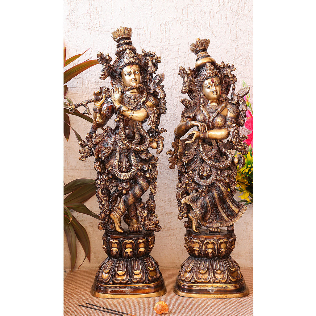 Indian Art Villa's Pure Brass Standing Radha Krishna Statue Playing Flute