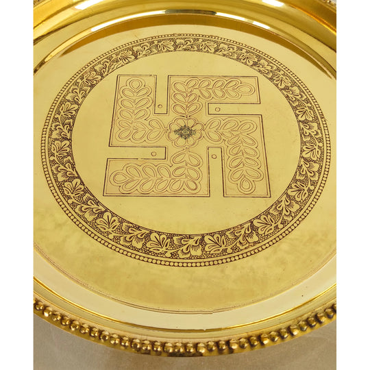 Pure Brass Pooja Thali With Swastik Embossed Design, Decorative Platter, Home Décor & Festive Item, Diameter- 30.48 cm