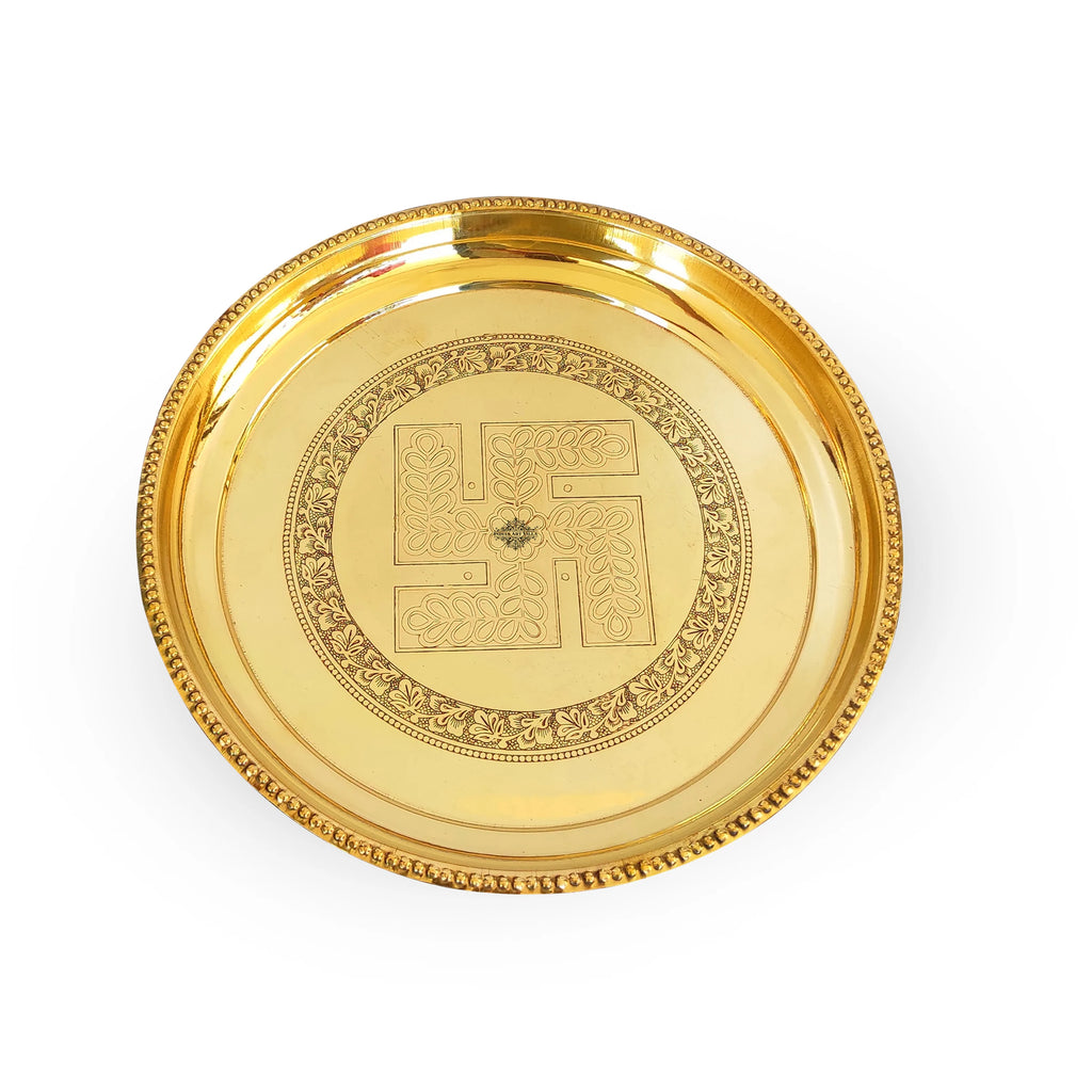 Indian Art Villa Pure Brass Pooja Thali With Swastik Embossed Design, Decorative Platter, Home Décor & Festive Item, Diameter- 12 Inches