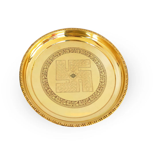 Pure Brass Pooja Thali With Swastik Embossed Design, Decorative Platter, Home Décor & Festive Item, Diameter- 30.48 cm