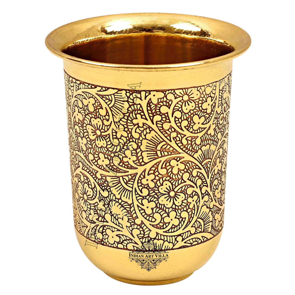 Indian Art Villa Pure Brass Embossed Design Curved Glass -280 ML