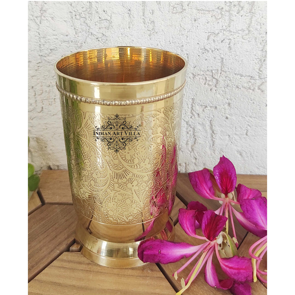 Indian Art Villa Brass Handmade Embossed Tumbler, Glass, Floral Design with beaded Design, Drinkware, 330 ml