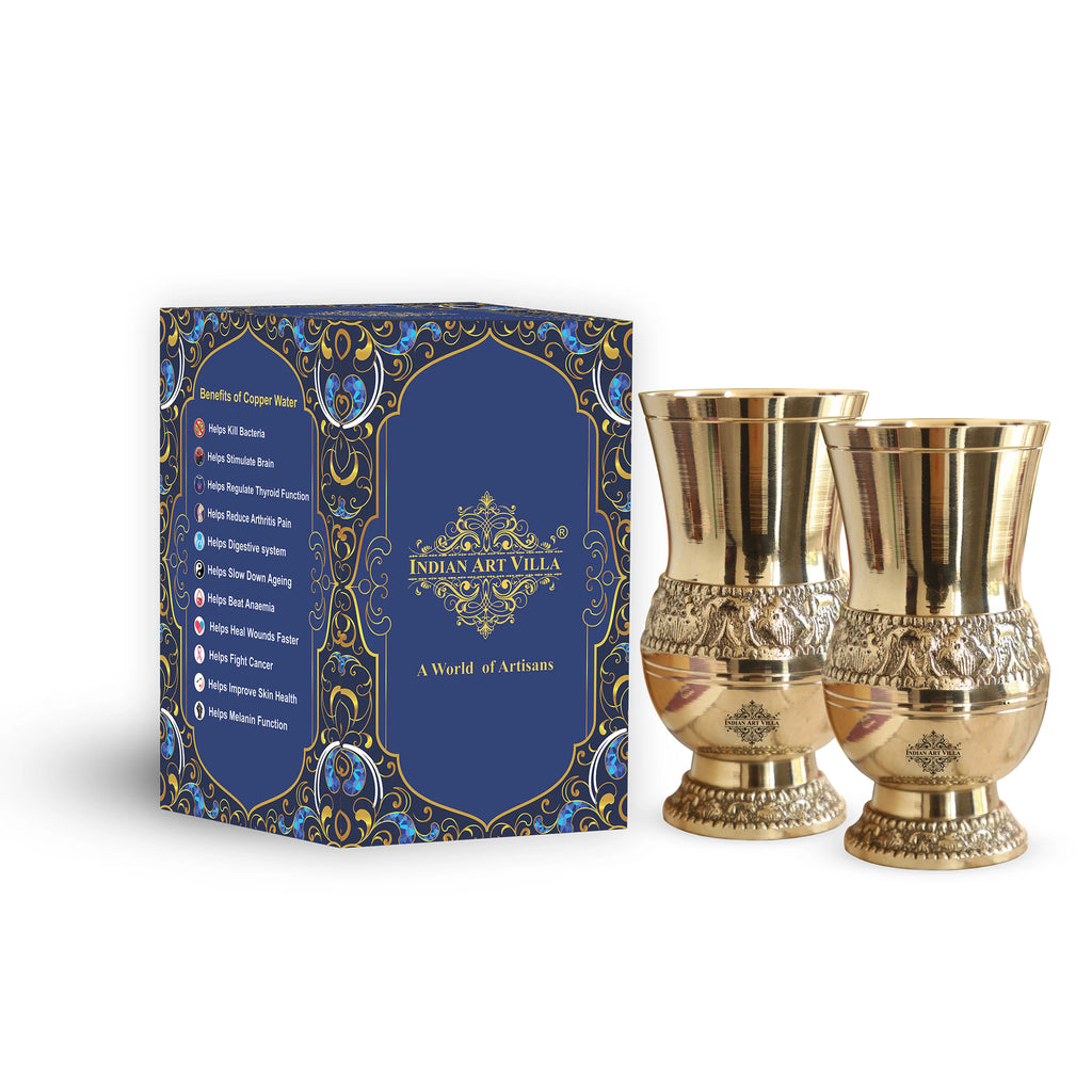 Indian Art Villa Pure Brass Glass / Tumbler With Embossed Mughlai Goblet Design, Serveware & Drinkware, Ayurveda Healing, Volume-250 ML