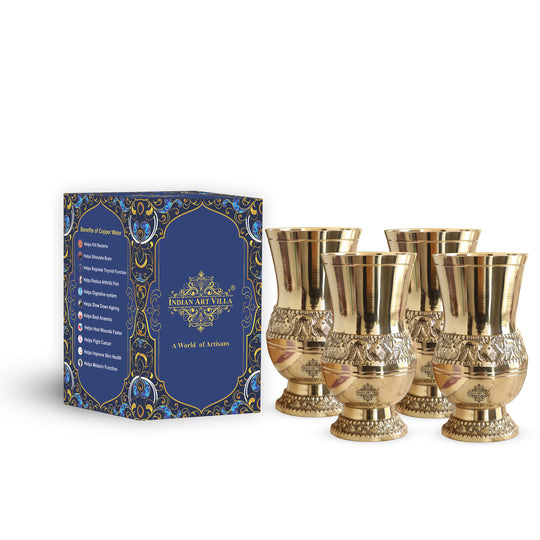 Indian Art Villa Mughlai brass tumbler with embossed finish for Ayurveda drinkware promotes holistic health and vitality