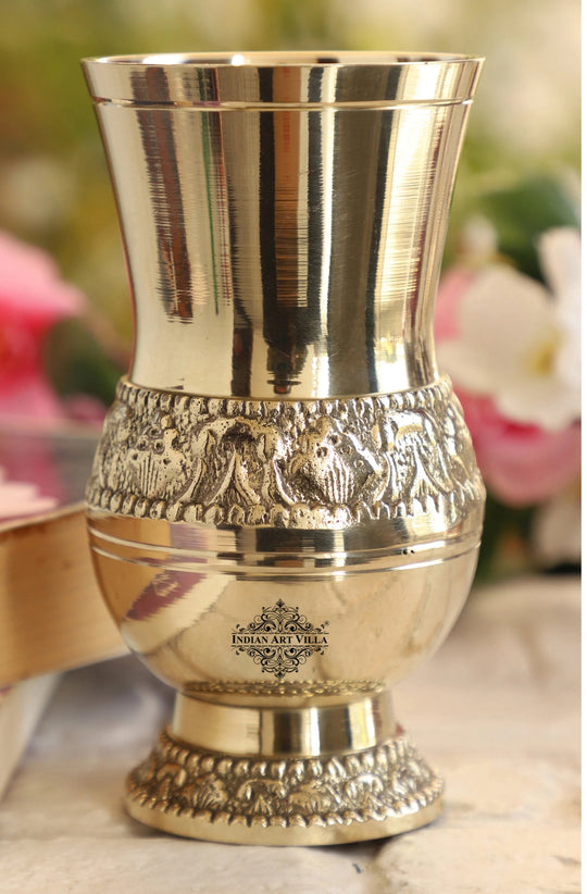 Brass goblet tumbler with intricate Mughlai carving by Indian Art Villa suitable for traditional decor or wedding gifts