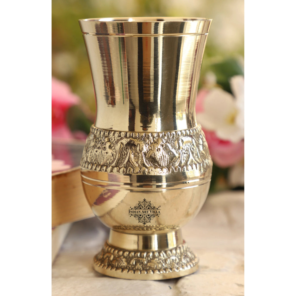 Indian Art Villa Pure Brass Glass / Tumbler With Embossed Mughlai Goblet Design, Serveware & Drinkware, Ayurveda Healing, Volume-250 ML