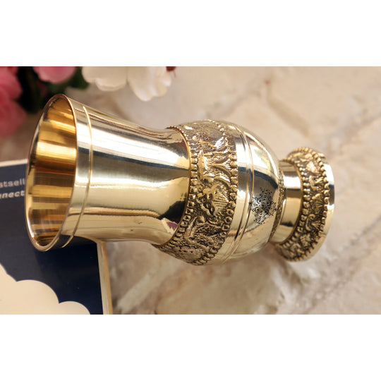 Indian Art Villa embossed brass glass with regal Mughlai shape ideal for pooja temple decor or gifting occasions
