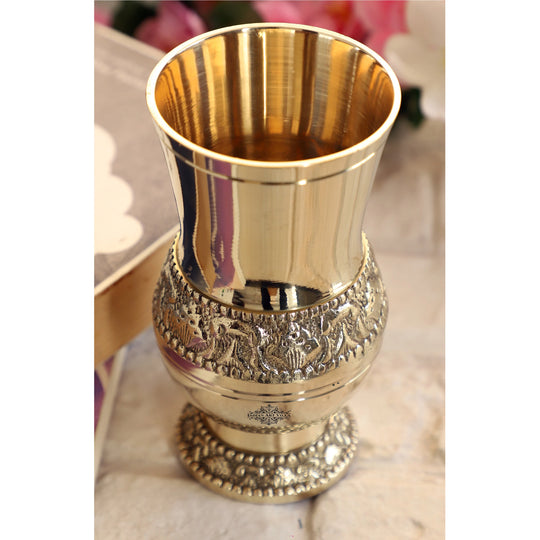 Pure brass tumbler with embossed Mughlai design traditional drinkware for heritage lovers and Indian homes
