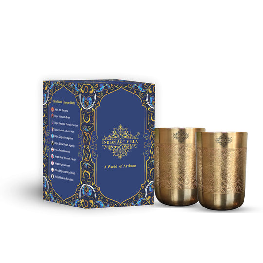 Indian Art Villa brass drinkware with matt finish and floral embossing ideal for traditional dining and gifting
