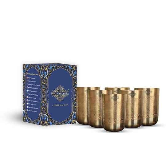 Matt finish pure brass glass set with engraved design from Indian Art Villa a perfect touch to Indian kitchen aesthetics