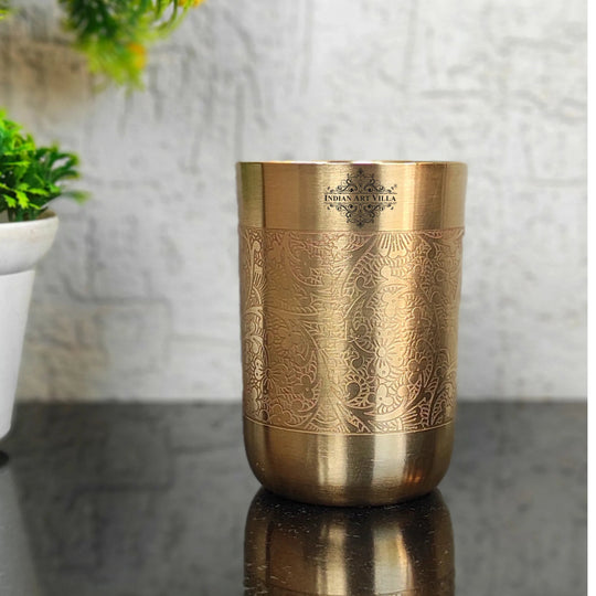 Pure brass glass with matt finish and embossed design by Indian Art Villa perfect for home dining and traditional use