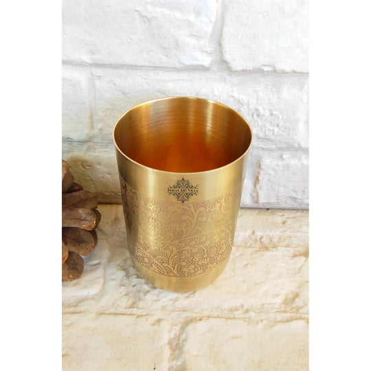 Indian Art Villa pure brass glass with matt finish and intricate embossed design suitable for festive and home decor