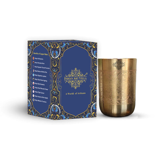 Elegant brass tumbler with traditional embossed pattern and matte surface by Indian Art Villa for timeless drinkware