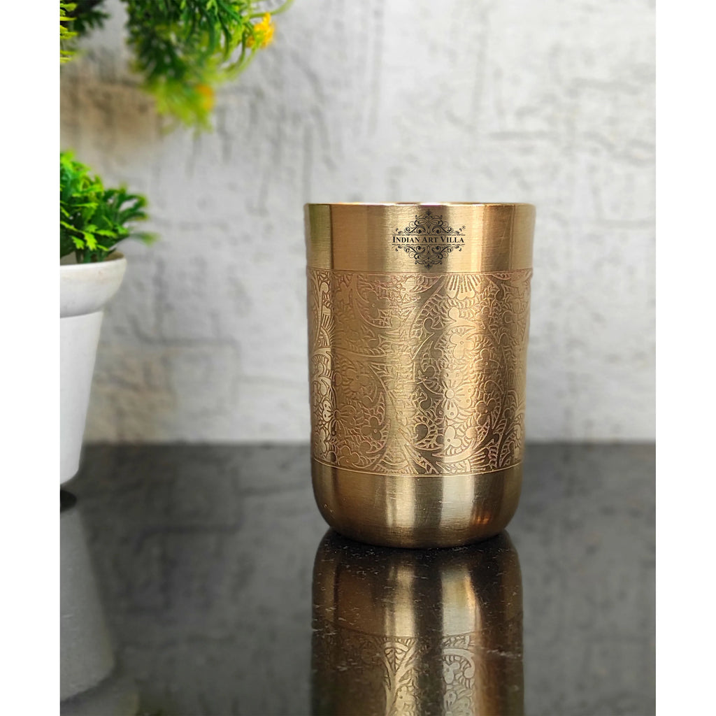 Indian Art Villa Pure Brass Glass / Tumbler With Matt Finish Embossed Design, Serveware & Drinkware, Ayurveda Healing, Volume-300 ML