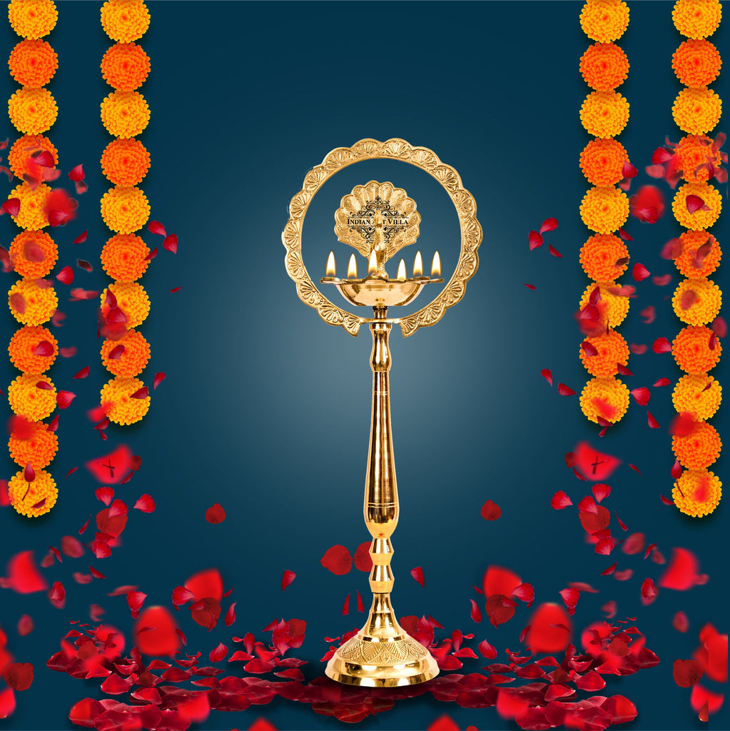 Indian Art Villa Pure Brass Stand/Pillar Diya/Deepak/Lamp/Lantern With Peacock Design, Pooja, Home Decor & Diwali Gift Item