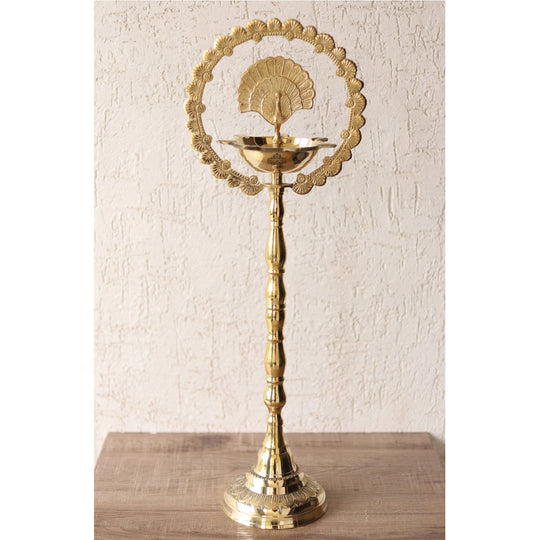 Indian Art Villa brass peacock diya stand with intricate design, perfect for traditional pooja and home decor.