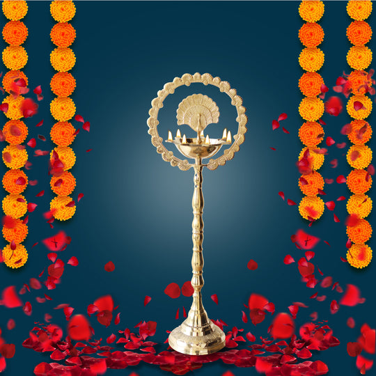 Indian Art Villa brass peacock diya stand with intricate design, perfect for traditional pooja and home decor.