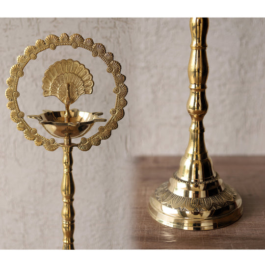 Indian Art Villa brass peacock diya stand with intricate design, perfect for traditional pooja and home decor.