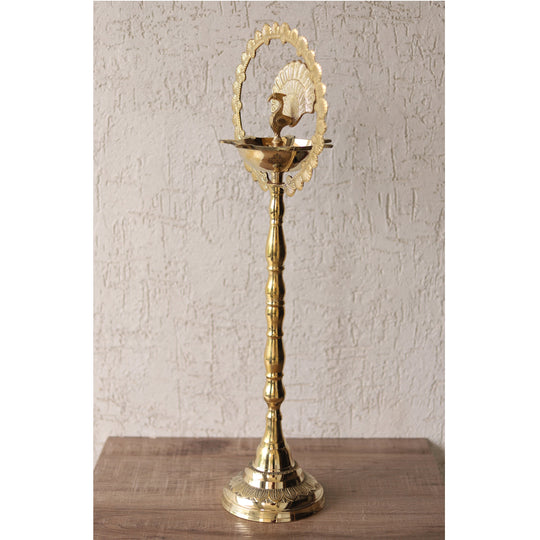 Indian Art Villa brass peacock diya stand with intricate design, perfect for traditional pooja and home decor.