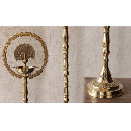 Indian Art Villa brass peacock diya stand with intricate design, perfect for traditional pooja and home decor.