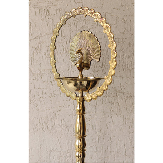 Indian Art Villa brass peacock diya stand with intricate design, perfect for traditional pooja and home decor.