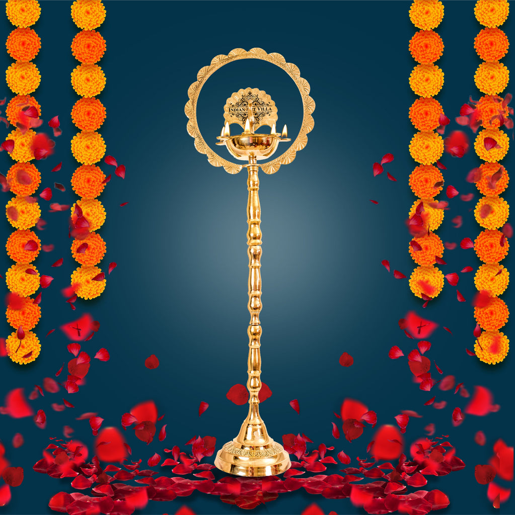 Indian Art Villa Brass Peacock Top Oil Lamp Stand, Standing Deepak, Diya with 5 wicks, Spiritual Item