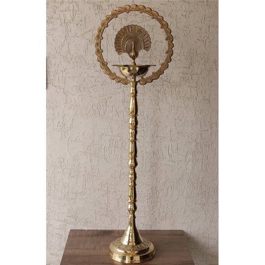 Indian Art Villa brass peacock diya stand with intricate design, perfect for traditional pooja and home decor.