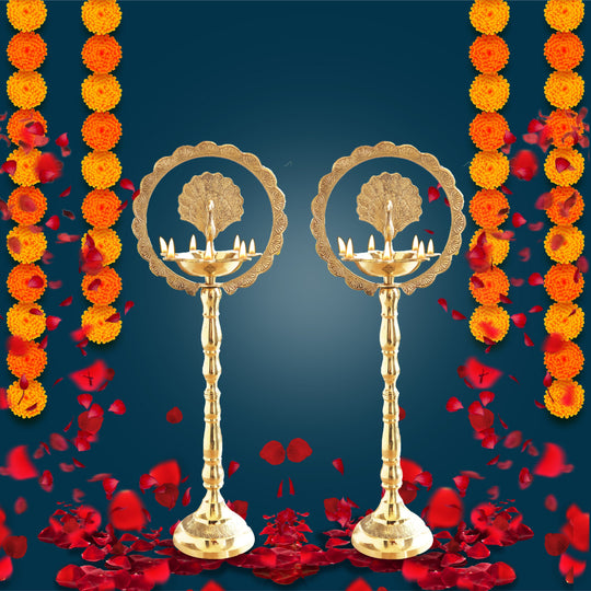 Indian Art Villa brass peacock diya stand with intricate design, perfect for traditional pooja and home decor.