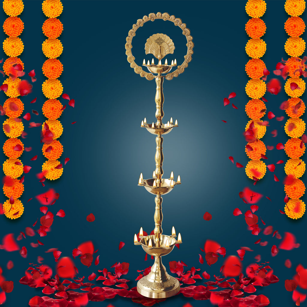 Indian Art Villa Brass Peacock Top Diya Oil Lamp Stand Diya