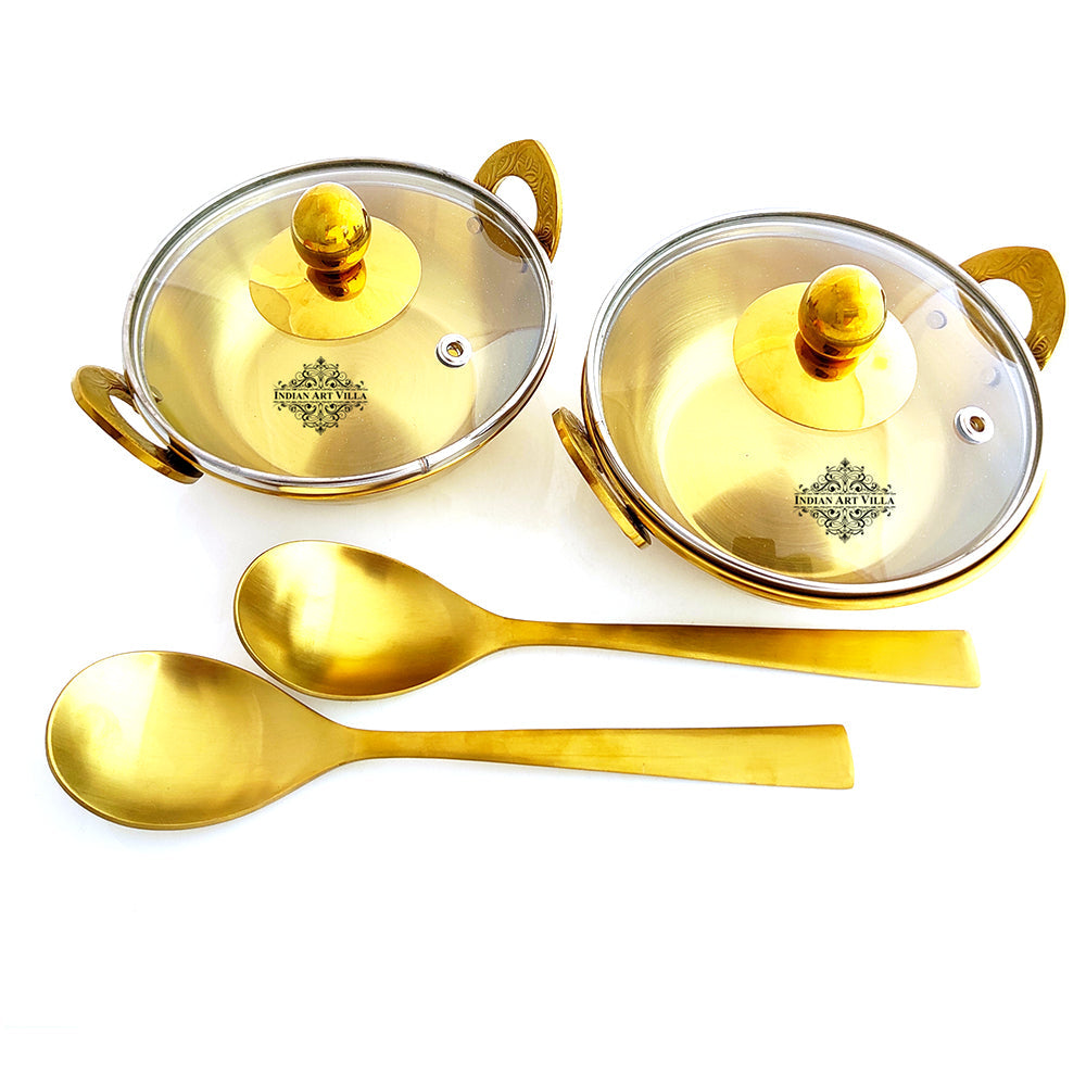 Indian Art Villa Set of Steel with Brass Finish D/W Hammered Design Kadhai No.1 with Lid No. 1, Kadhai No.2 with Lid No. 2, Serving Spoon x2, 6 Pieces Set