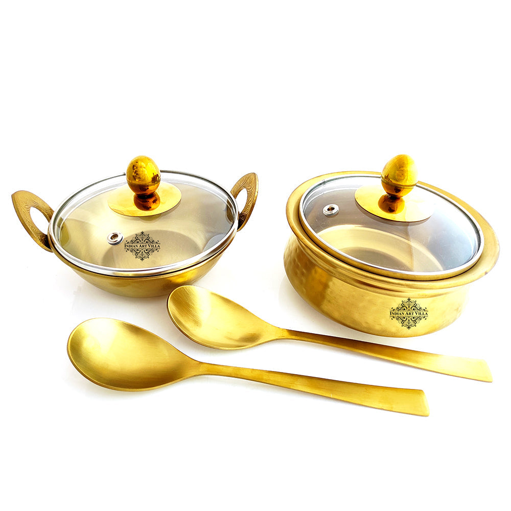 Indian Art Villa Set of Steel with Brass Finish D/W Hammered Design Handi No.2 with Lid No. 2, Kadhai No.2 with Lid No. 2, Serving Spoon x2, 6 Pieces Set