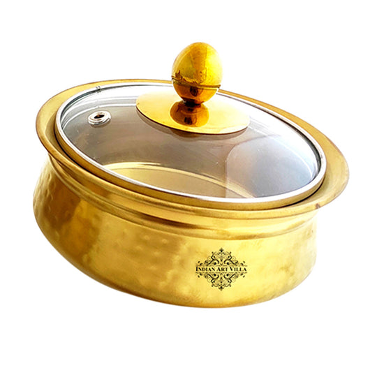Set of Steel with Brass Finish D/W Hammered Design Handi No.2 with Lid No. 2, Kadhai No.2 with Lid No. 2, Serving Spoon x2, 6 Pieces Set