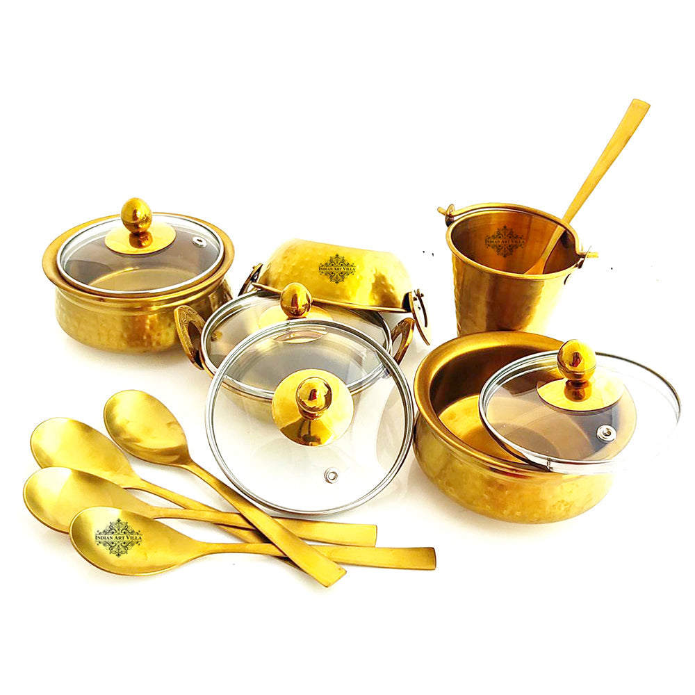 Indian Art Villa Set of Steel with Brass Finish D/W Hammered Design Handi No.1,2 with Glass Lid, Kadhai No.1,2 with Glass Lid, Bucket No.1, Serving Spoon x5, 14 Pieces Set