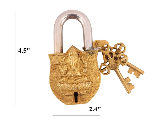 Brass Ganesh Ji Shitting on Lotus Design Lock with 2 Key