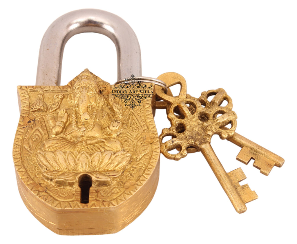 Indian Art Villa Pure Brass Ganesh Ji Shitting on Lotus Design Lock with 2 Key