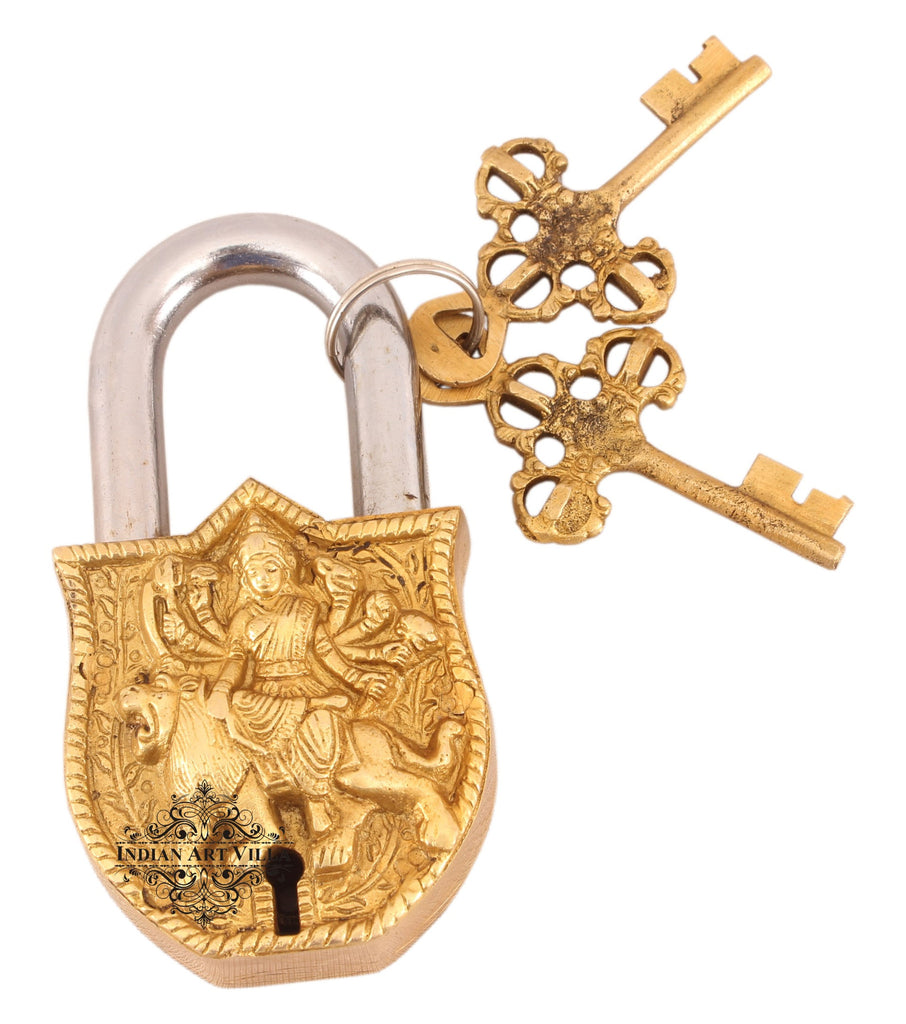 Indian Art Villa Pure Brass Durga Maa sitting on Lion Design Lock with 2 Key